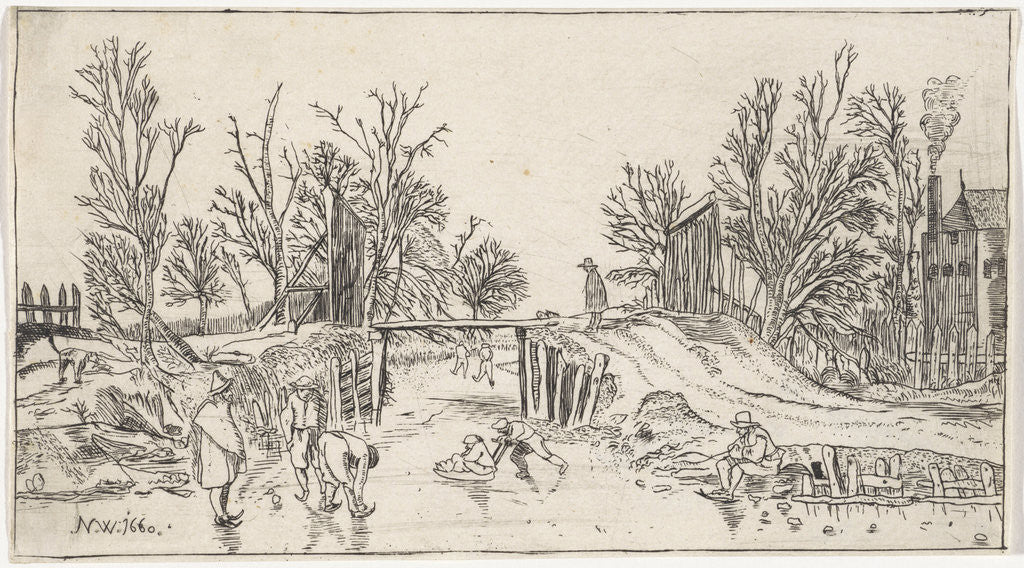 Detail of Skaters near a wooden bridge by Esaias van de Velde