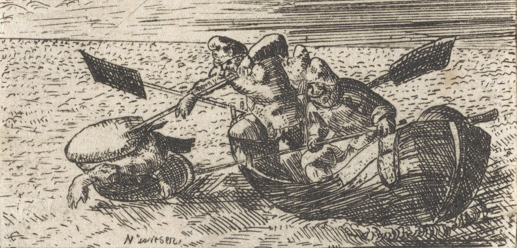 Detail of Fishermen at sea catch a turtle by Hans Bol