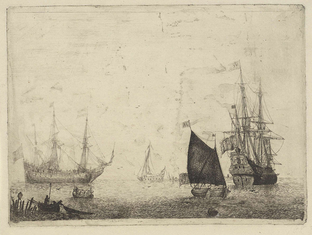 Detail of Seascape with two three-masters with lowered sails by Adam Silo