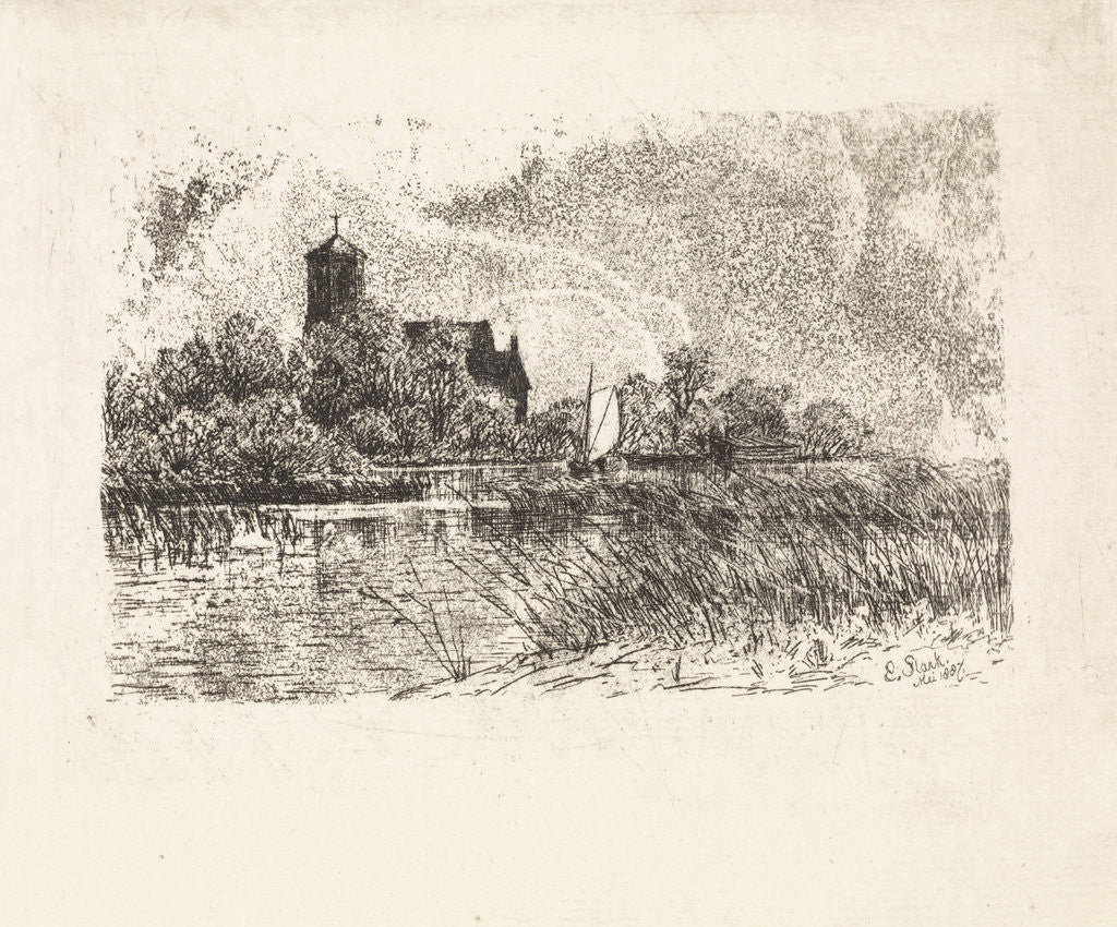 Detail of View of the Sint Urbanuskerk in Bovenkerk with on the water a sailing boat by Elias Stark