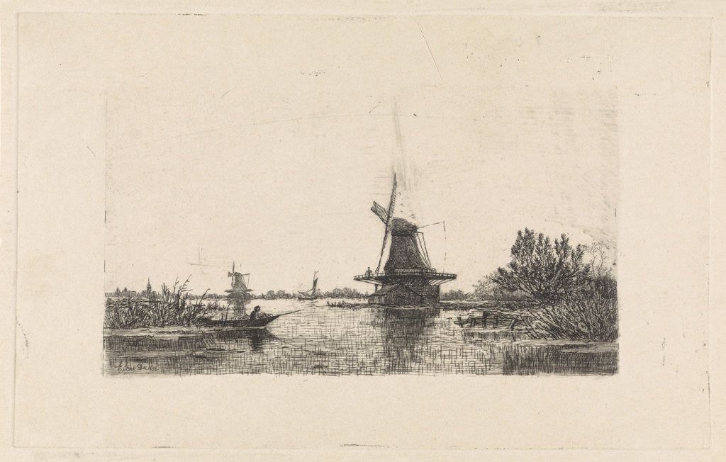Detail of Landscape with windmills and a rowboat by Elias Stark