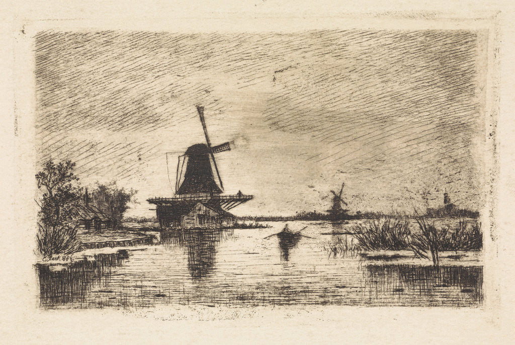 Detail of Landscape with two mills and a rowboat by Elias Stark