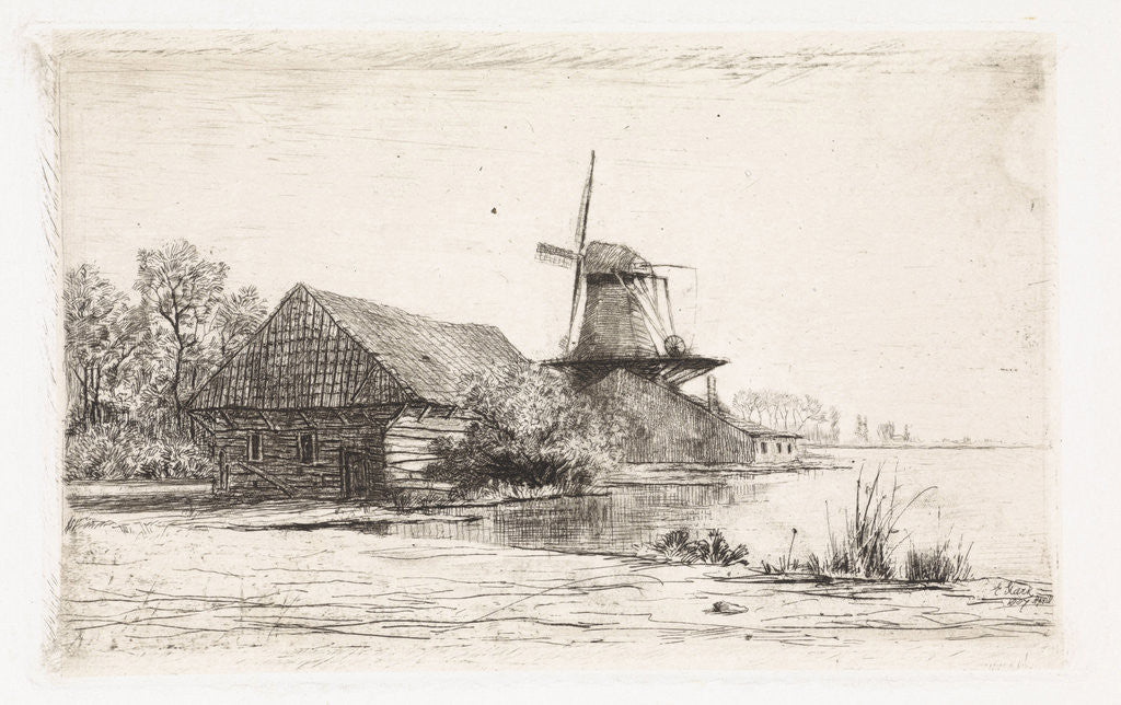 Detail of Barn and windmill on the water by Elias Stark