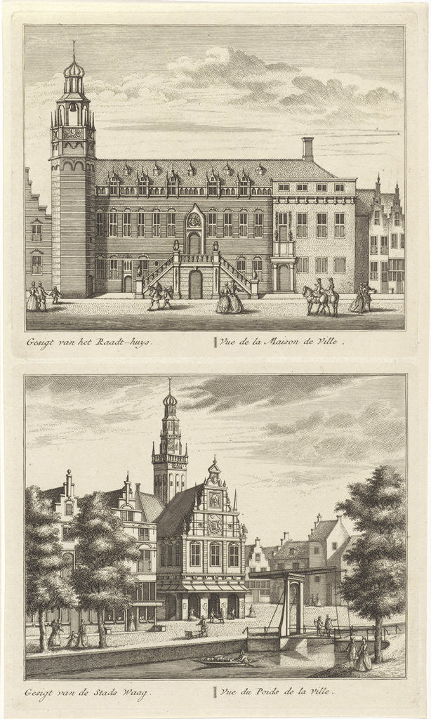 Detail of Two views in Alkmaar with the City Hall and de waag, The Netherlands by Abraham Rademaker