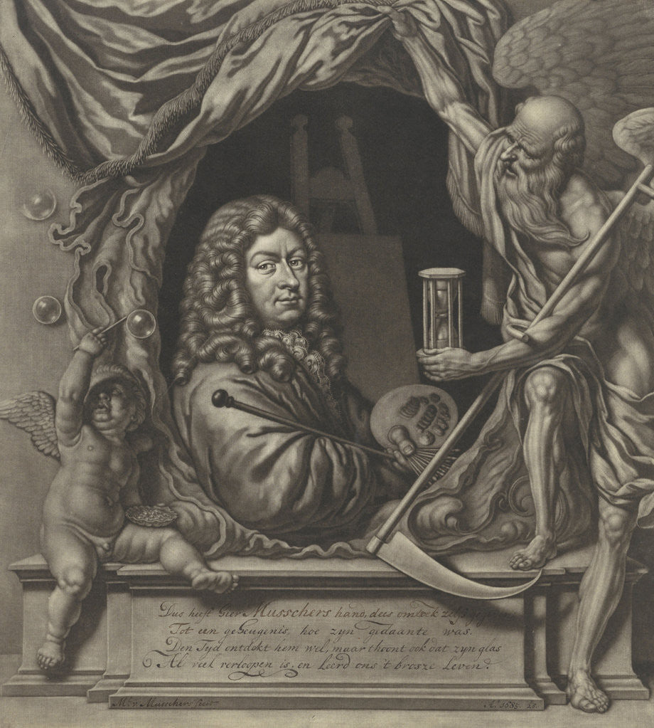 Detail of Self Portrait of Michiel van Musscher in allegorical frame by Michiel van Musscher