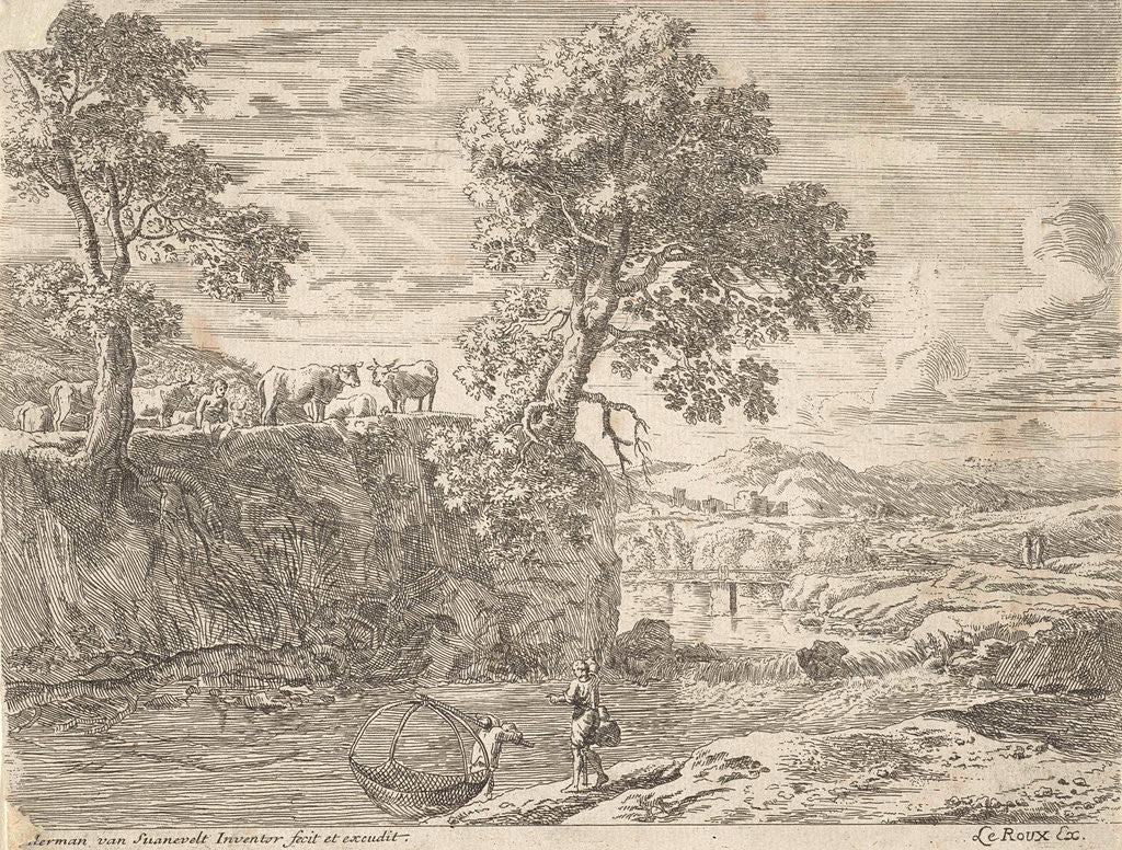 Detail of River landscape with cows by Herman van Swanevelt