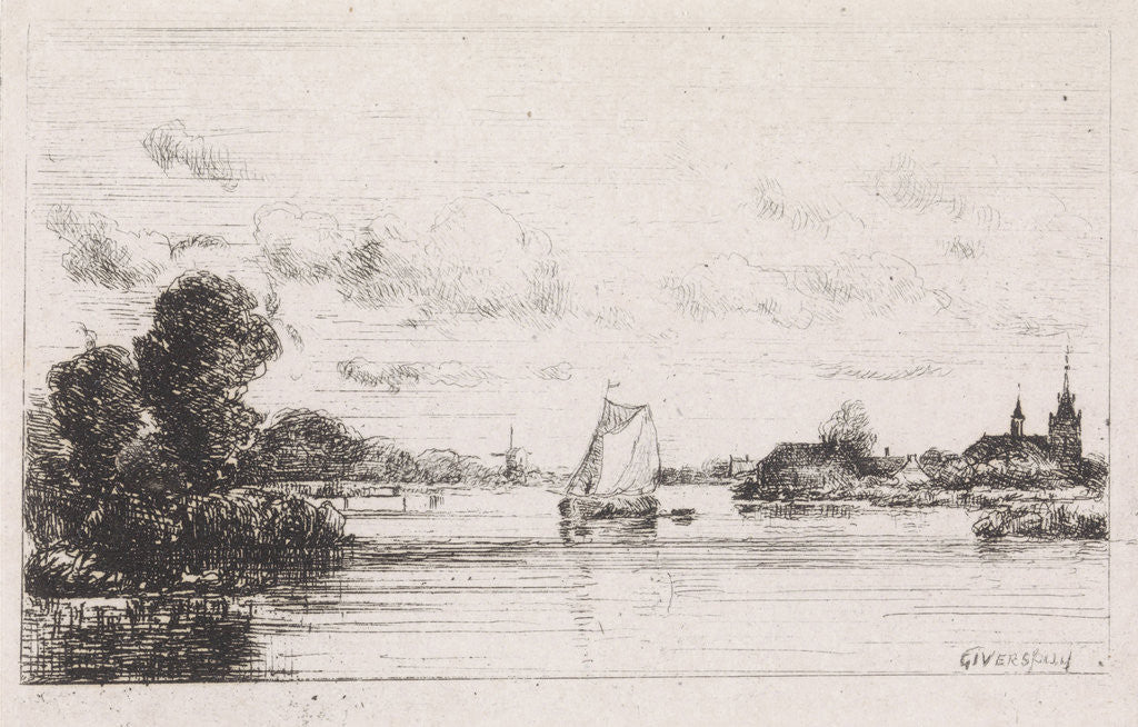 Detail of Sailing vessel near a village by Gijsbertus Johannes Verspuy