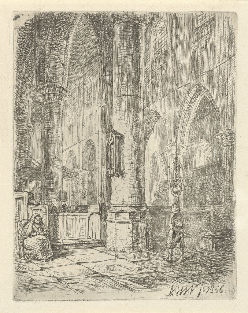 Detail of Church Interior with a boy and a seated woman by Adrianus Wilhelmus Nieuwenhuyzen