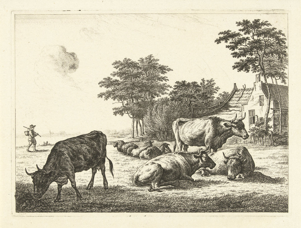 Detail of Cows and sheep lying in meadow before a farm by John of Cuylenburgh