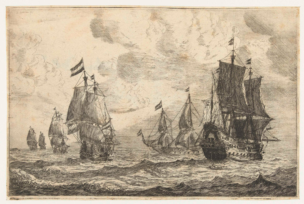 Detail of Six sailing ships on the high seas by Reinier Nooms