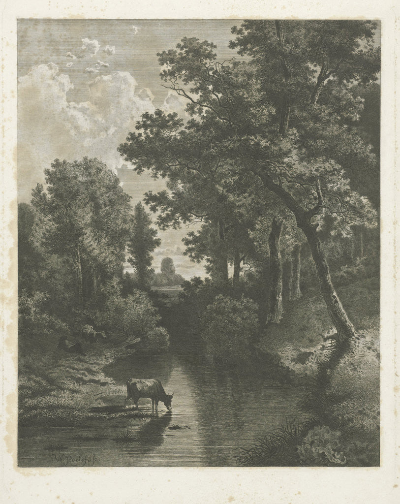 Detail of Forest scene with cows in a stream by Willem Roelofs I