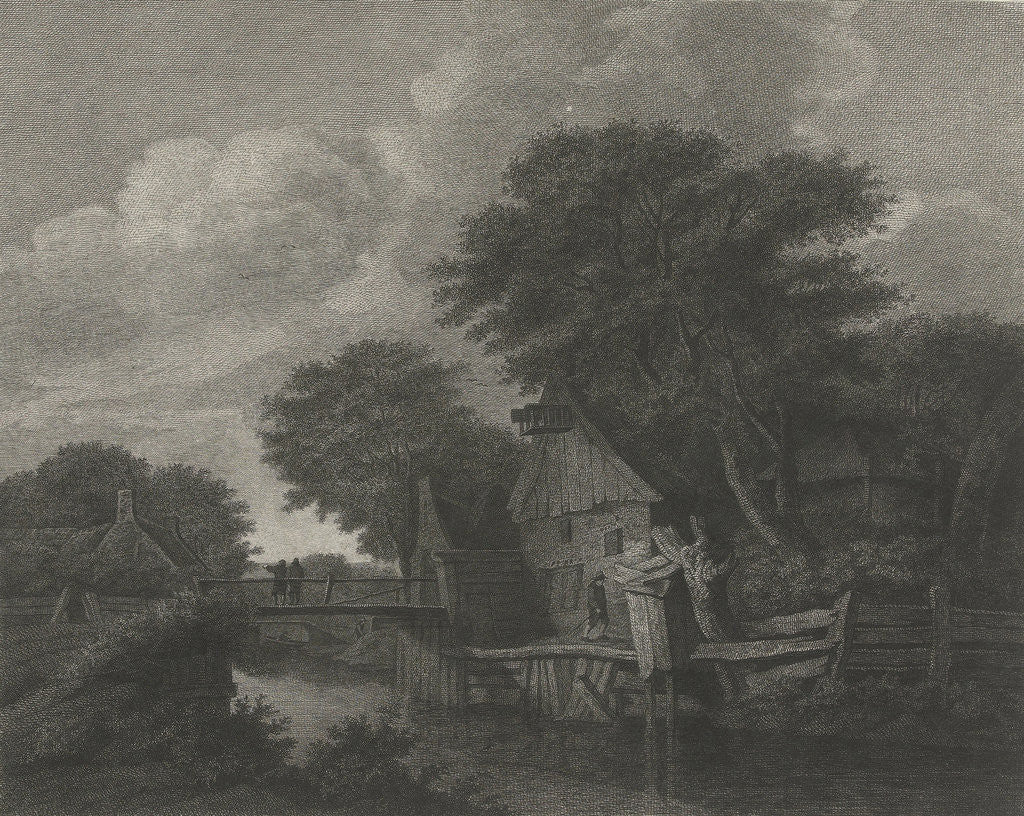 Detail of Village with wooden houses by a river by Lambertus Antonius Claessens