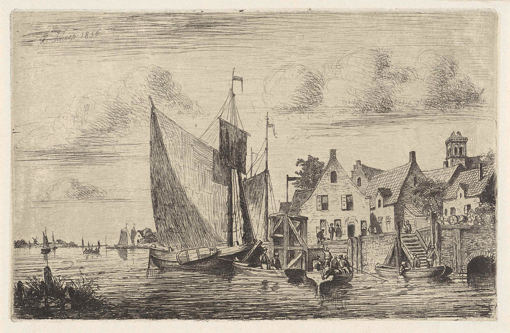 Detail of Sailing ships and boats at the wharf in a village by Henri Adolphe Schaep