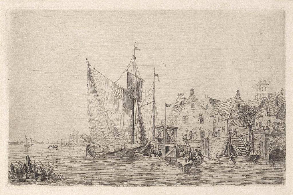 Detail of Sailing ships and boats at the wharf in a village by Henri Adolphe Schaep