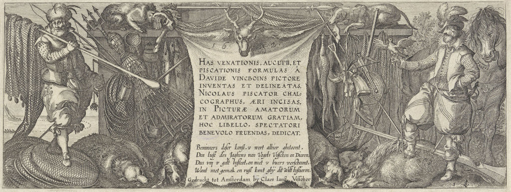 Detail of Title print for a series about hunting for birds, fish and mammals by Claes Jansz. Visscher II