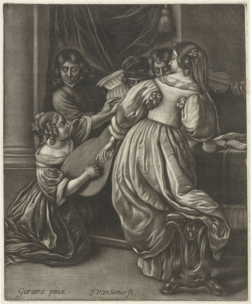 Detail of People making music around a table by Jan van Somer