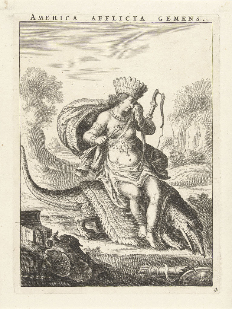 Detail of Female personification of America as a woman with headdress of feathers and bows, sitting on a caiman by Claes Jansz. Visscher II