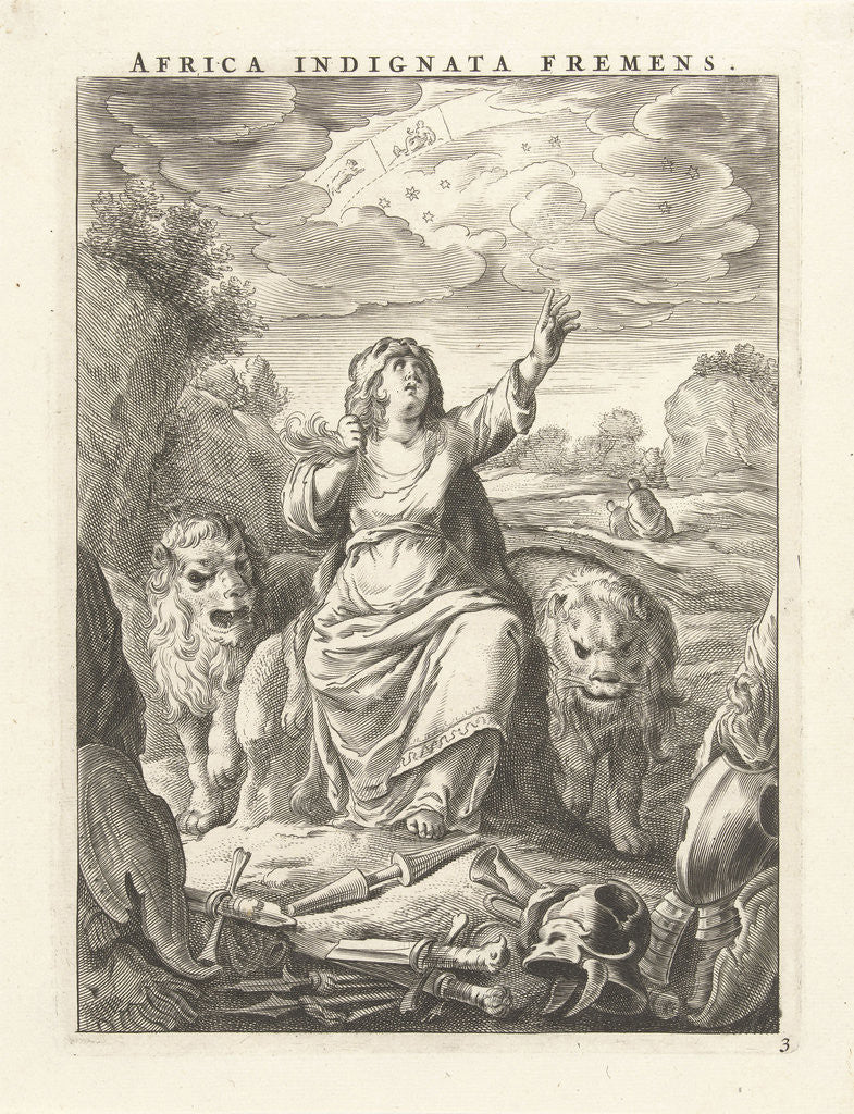 Detail of Female personification of the continent of Africa as a woman with lion's skin, sitting between lions by Claes Jansz. Visscher II