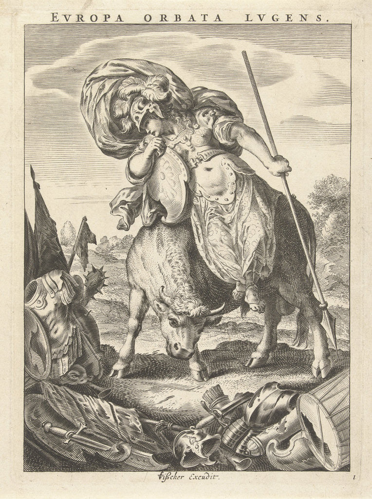 Detail of Female personification of the continent of Europe represented as a woman in armor on bull by Claes Jansz. Visscher II