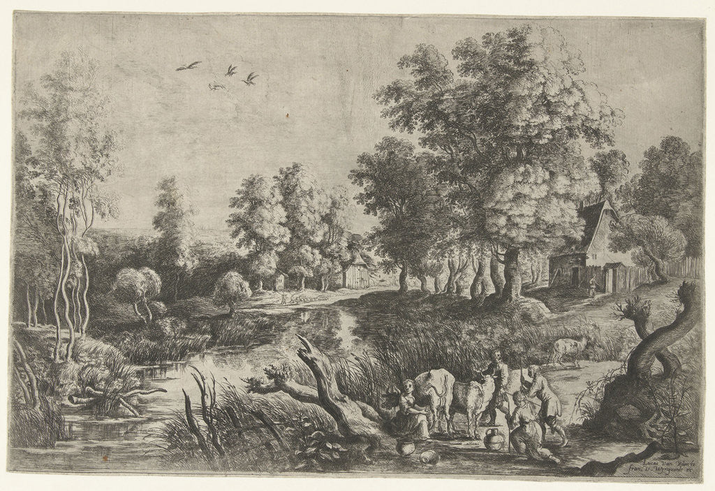 Detail of Peasants and cattle by a stream by Frans van den Wijngaerde