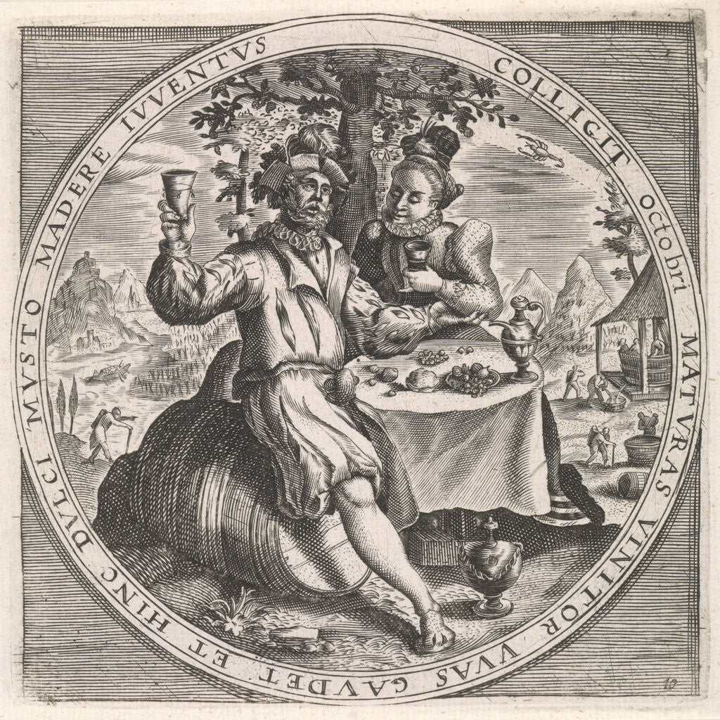 Detail of October: couple drinking wine by Maerten de Vos