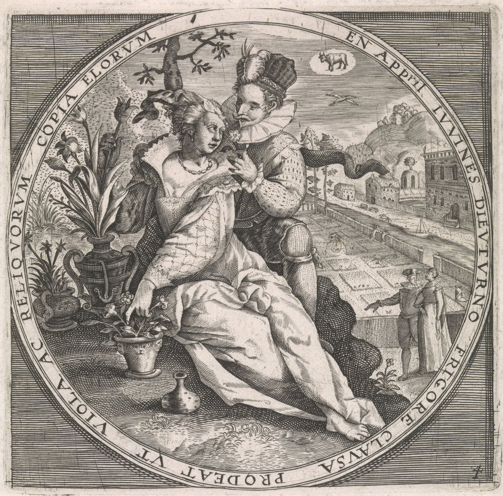 Detail of April: loving couple by Maerten de Vos