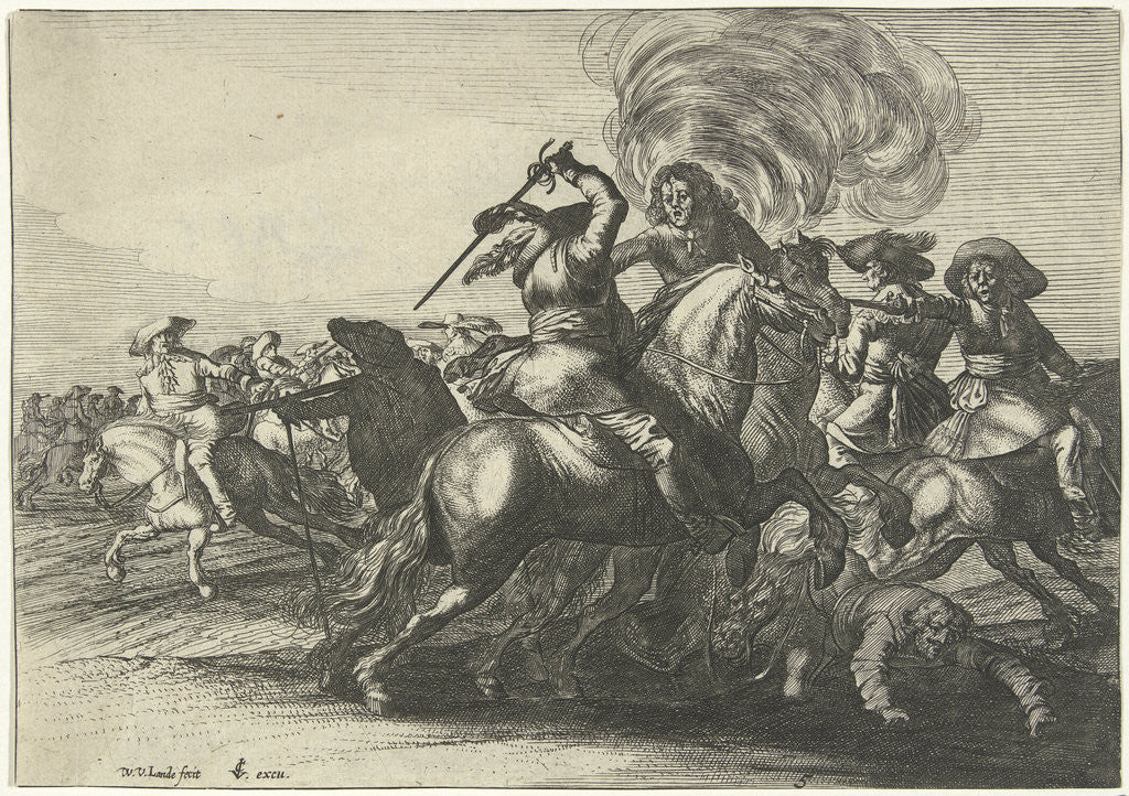 Detail of Battlefield Scene with riders fighting by Claes Jansz. Visscher II