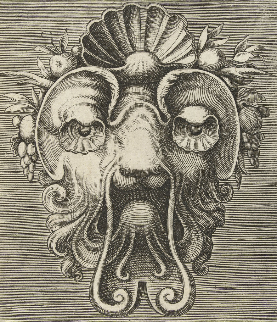 Detail of Mask with shell-shaped eyes and a shell between fruit bunches on the forehead by Hans Liefrinck I