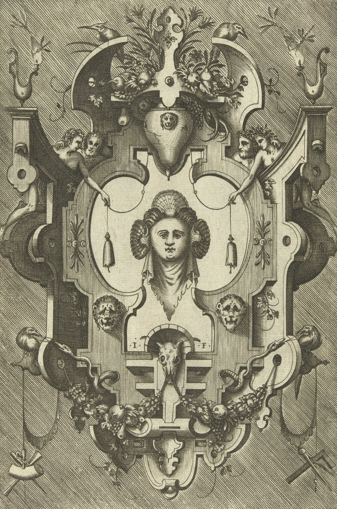 Detail of Cartouche with the head of a woman wearing three shells in her hair by Hieronymus Cock