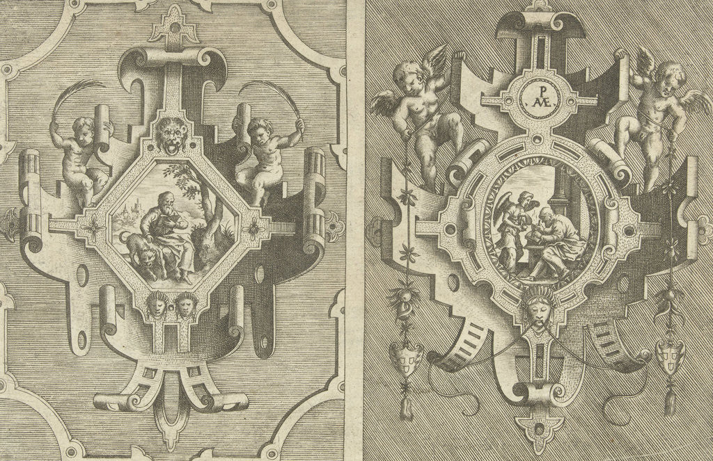 Detail of Two cartouches, each depicting an evangelist by Hieronymus Cock