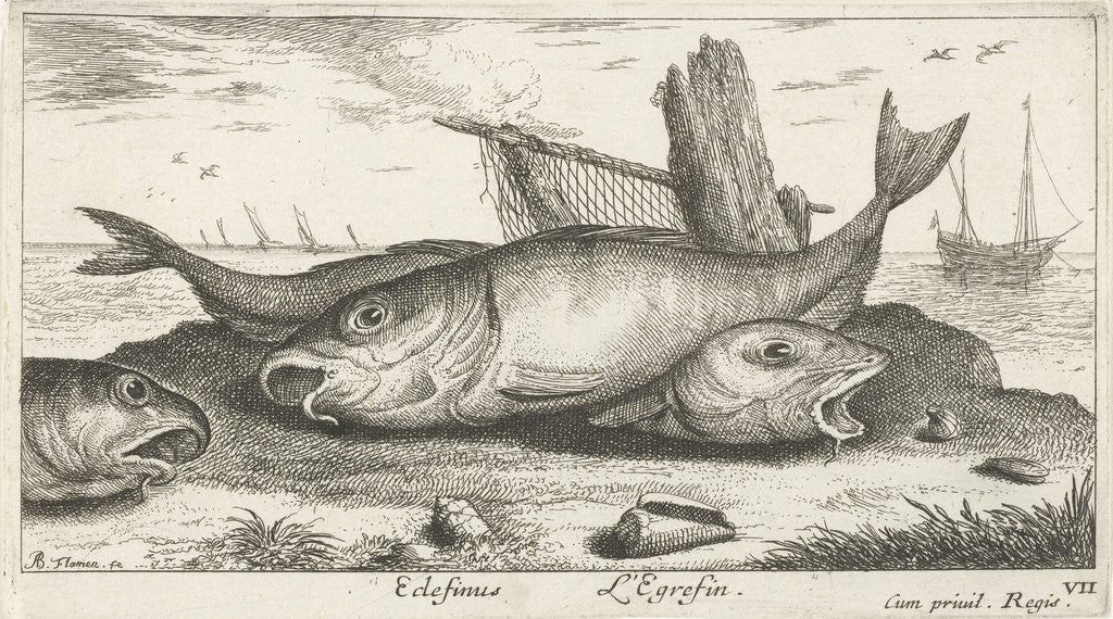 Detail of Three haddock on the beach by Lodewijk XIV