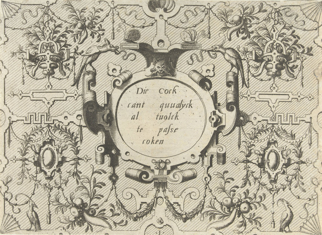Detail of Cartouche surrounded by grotesques, left and right is a bird by Hieronymus Cock