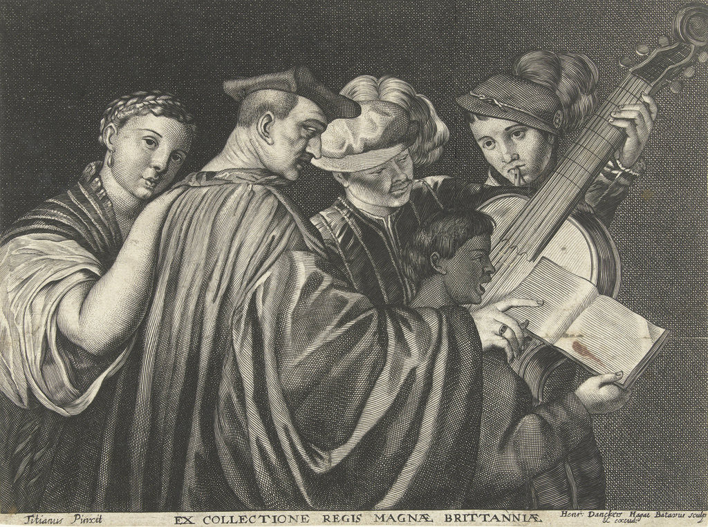 Detail of Three men, woman and boy singing and playing musical instruments by Hendrick Danckerts