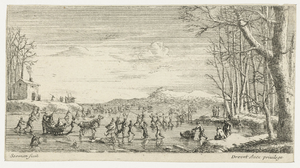 Detail of Frozen river with skaters by Pierre Drevet