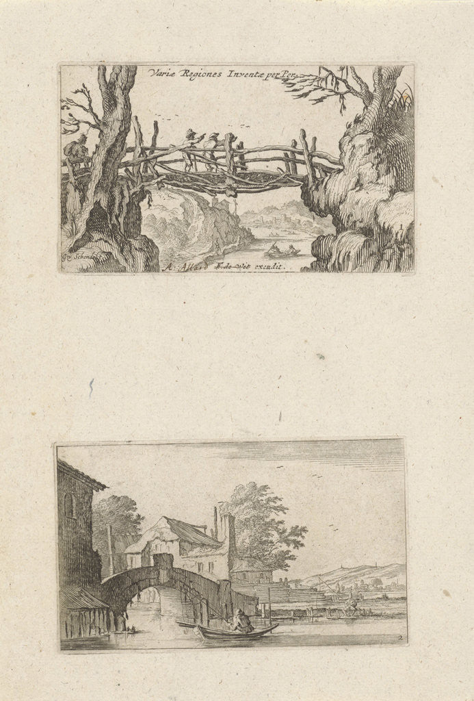 Detail of Three hikers on a wooden bridge and rowing boat before a stone bridge by Frederik de Wit