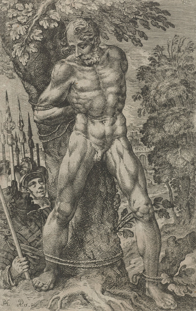 Detail of Achior tied to a tree by Pieter Feddes van Harlingen