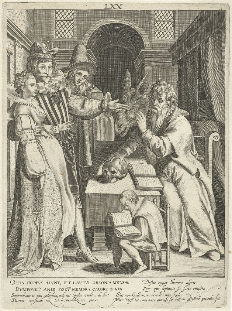 Detail of Seventh life of seventy year old man who gives his children counsel, Assuerus of Londerseel by Nicolaes de Bruyn