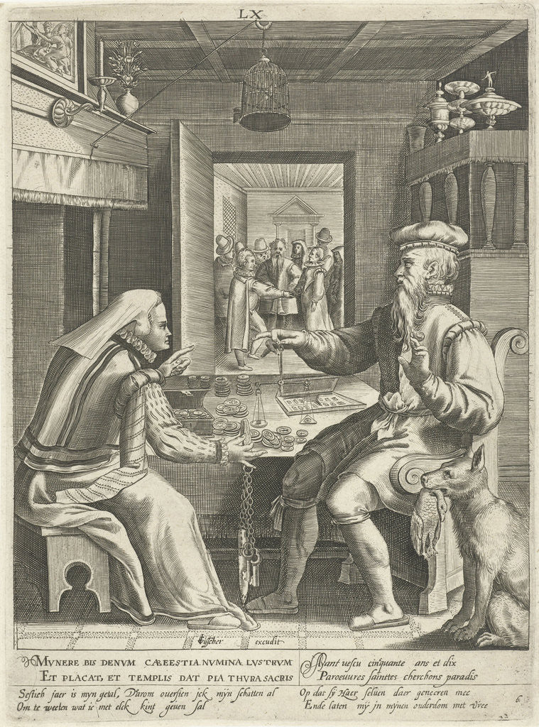 Detail of Sixth life of sixty years with man counting his money with his wife by Claes Jansz. Visscher II