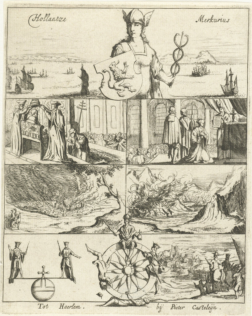 Detail of Several events in Europe in the year 1655 awarded by Mercury by Pieter Casteleyn