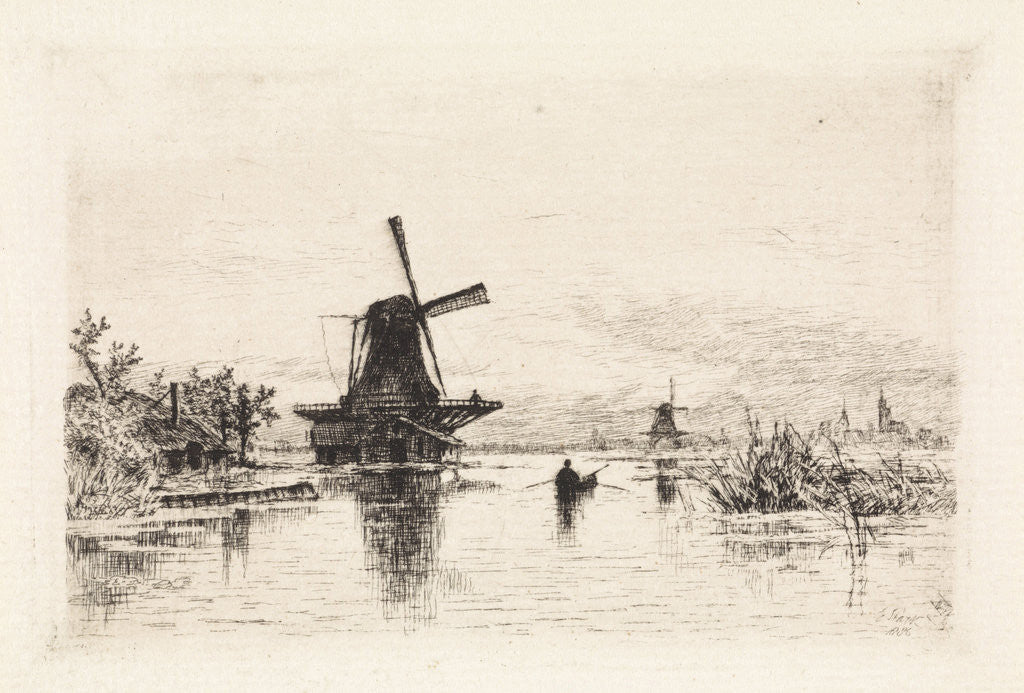 Detail of Landscape with two mills and a rowboat by Elias Stark