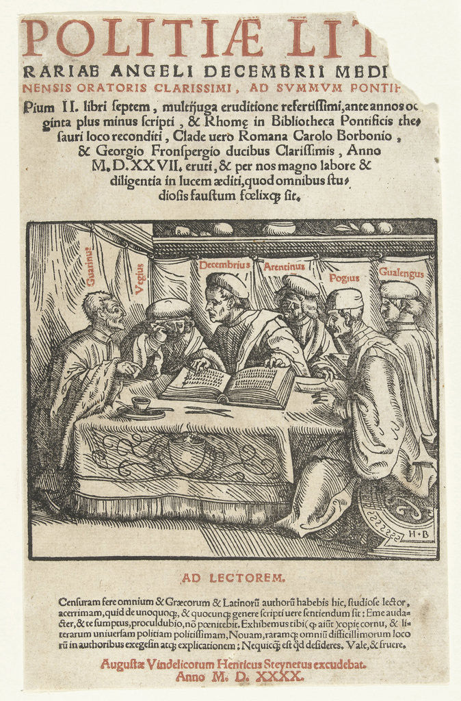 Detail of Title print six scholars sitting around a table and text in letterpress, Hans Burgkmair (der Ältere) by Heinrich Steiner
