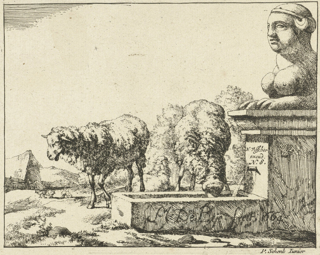 Detail of Two sheep at a trough by Nicolaes Visscher I