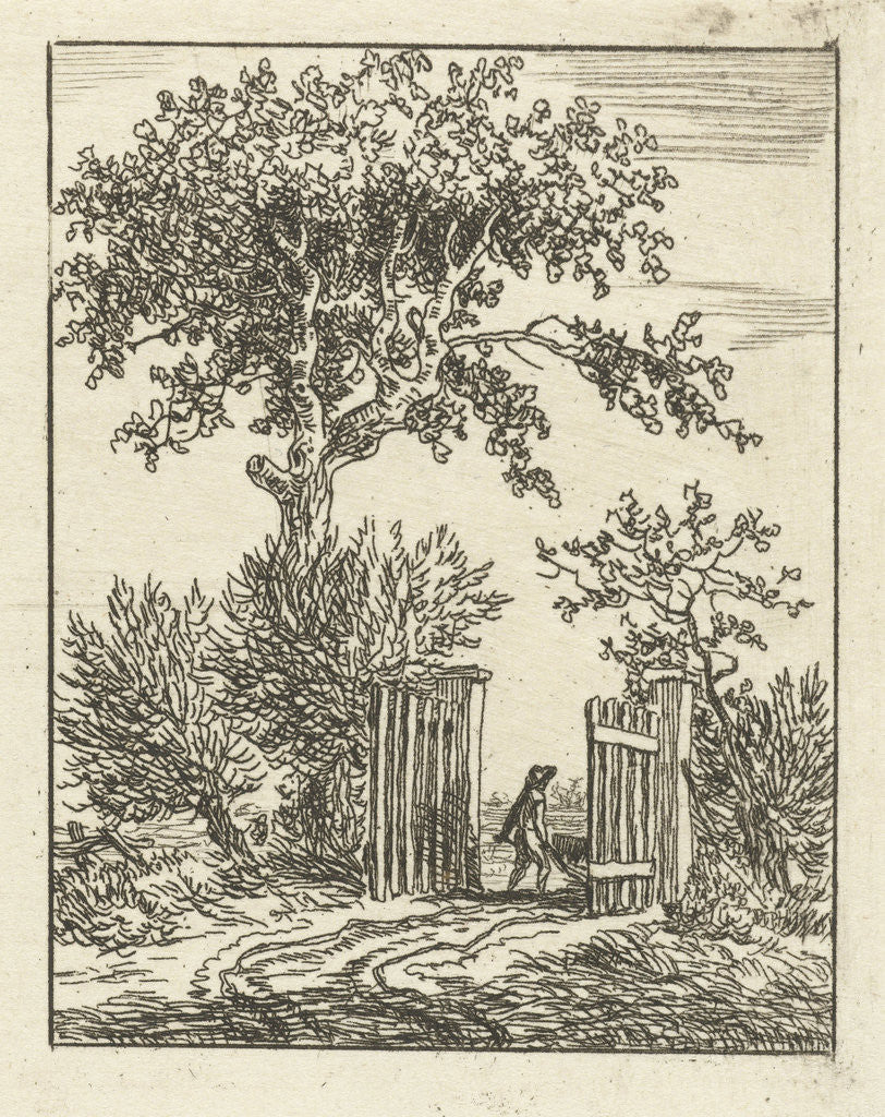 Detail of Man with wheelbarrow walking through a fence by Anthonie van den Bos