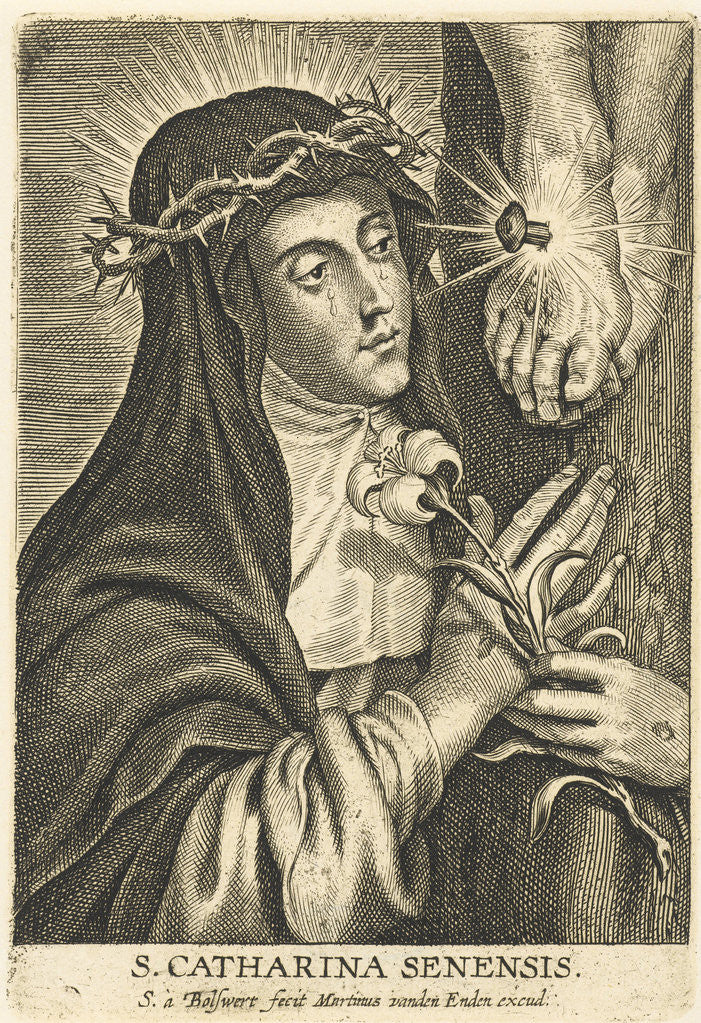 Detail of Saint Catherine of Siena with stigmata at crucifix by Martinus van den Enden