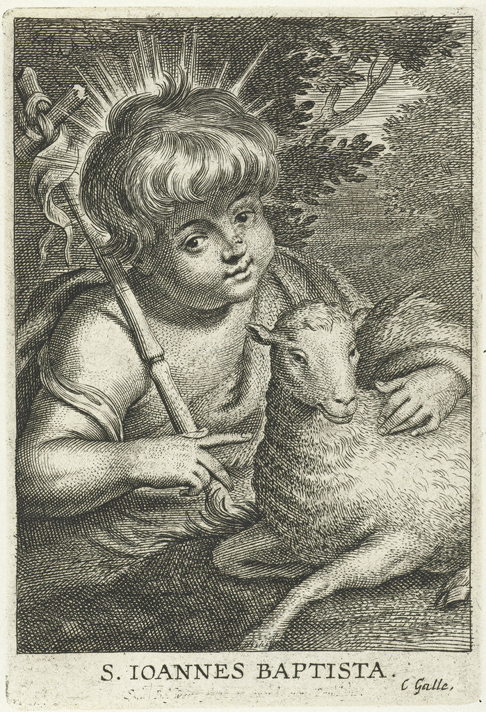 Detail of John the Baptist as a child with cross banner and lamb by Cornelis Galle II