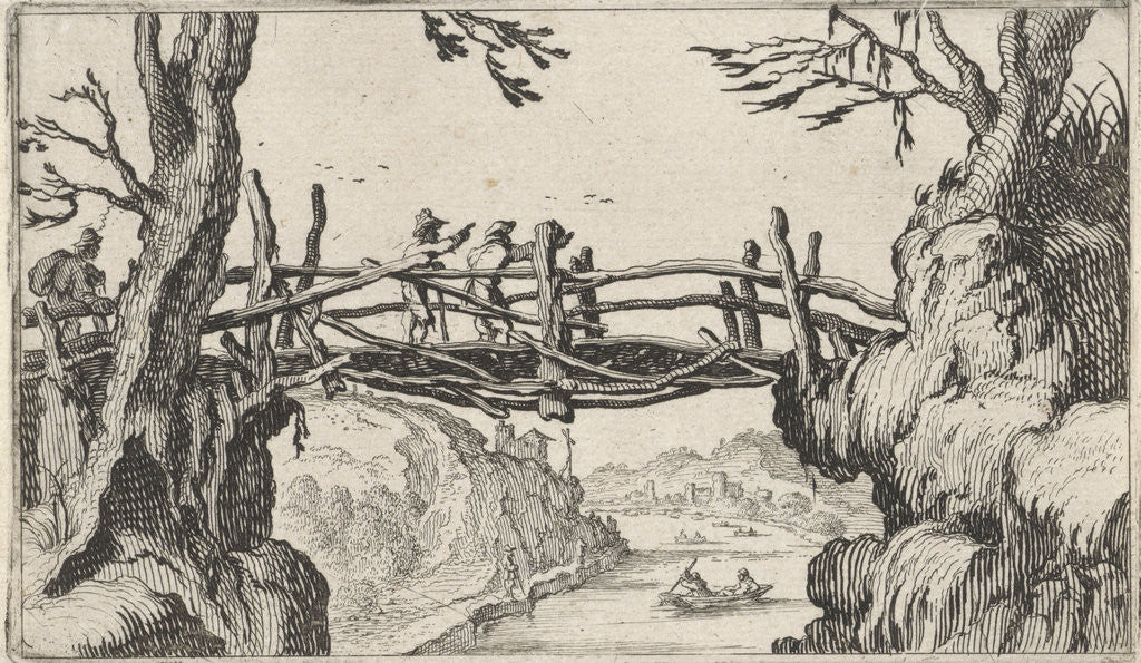 Detail of Three hikers on a wooden bridge by Gillis van Scheyndel I