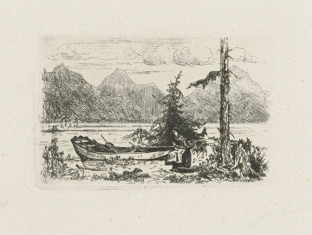Detail of Mountain landscape with a moored boat by Joseph Hartogensis