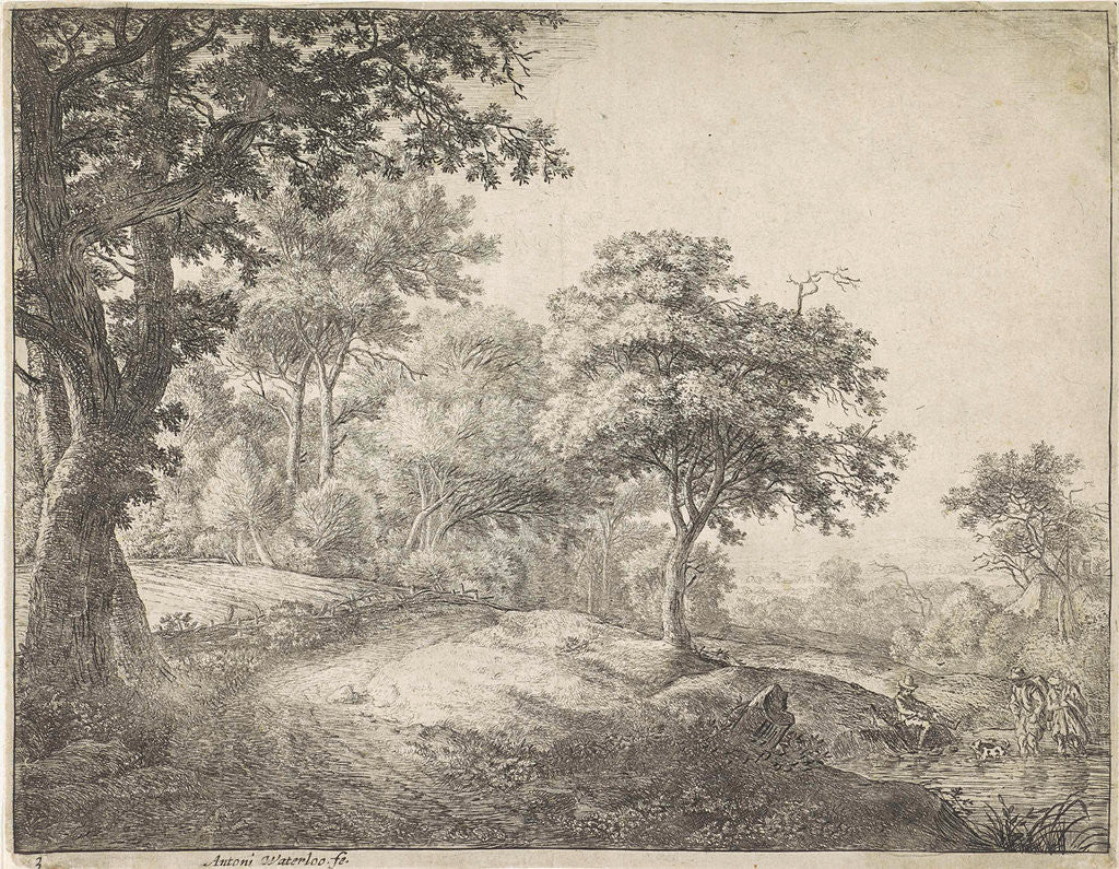 Detail of Two figures wading through a stream by Anthonie Waterloo