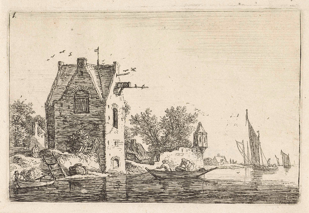 Detail of High building on the waterfront by Anthonie Waterloo