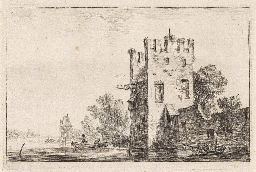 Detail of Square tower on the waterfront, Anthonie Waterloo, Justus Danckerts by Cornelis Danckerts II